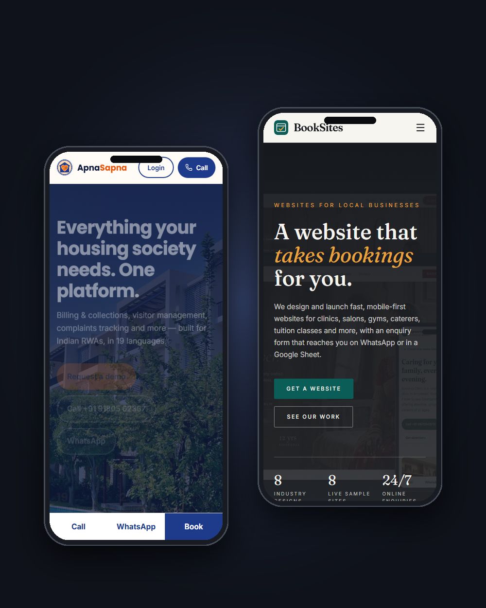 ApnaSapna and BookSites shown on two phones
